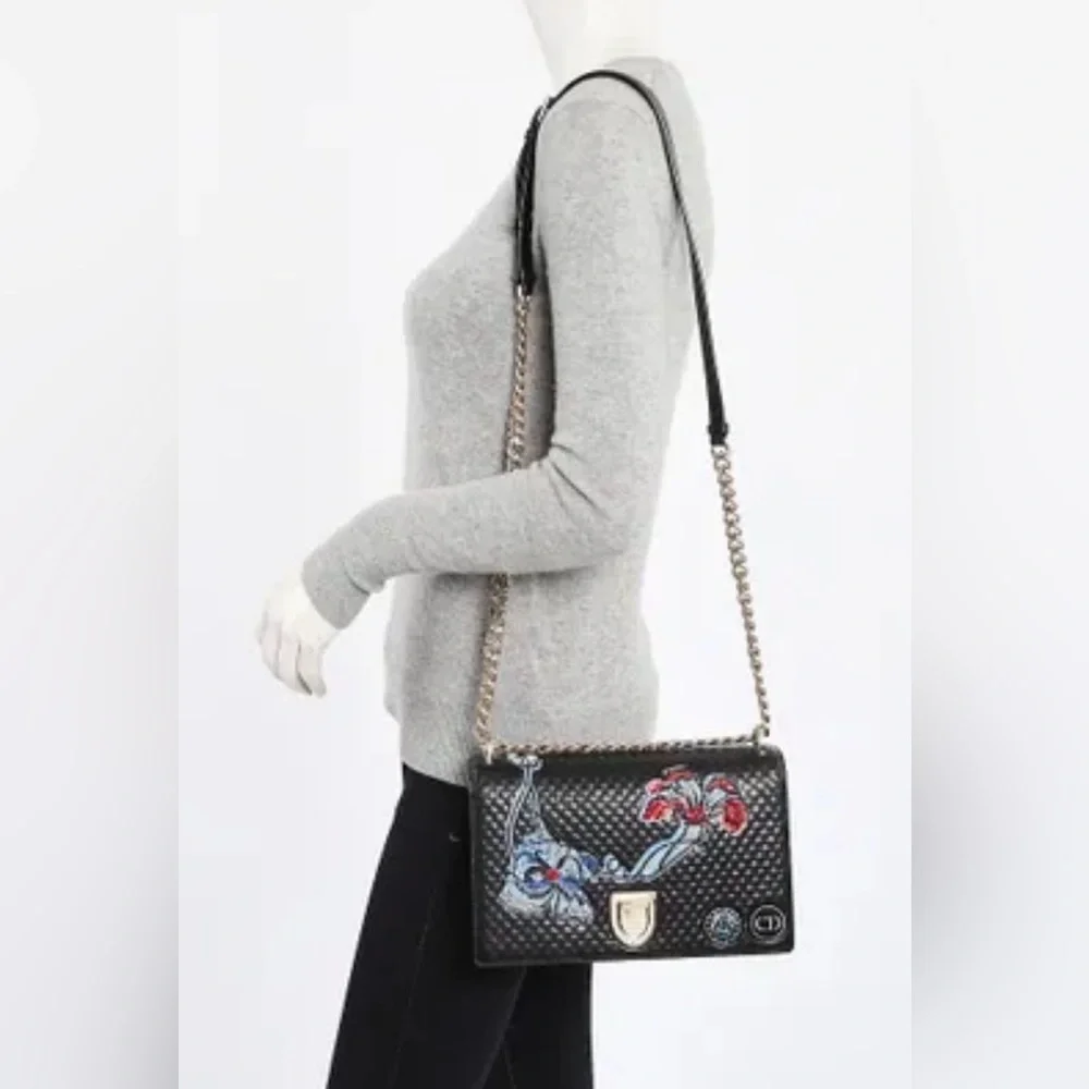 Christian Dior Diorama Medium Flap Bag W Black Embroidered Leather & Chain Strap